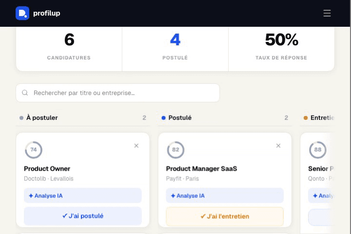 Tableau Kanban de suivi des candidatures avec score ATS