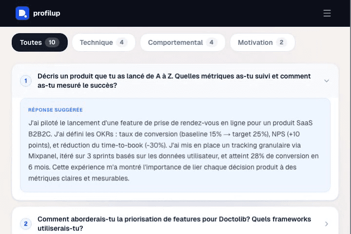 Questions d'entretien générées par IA avec réponses suggérées