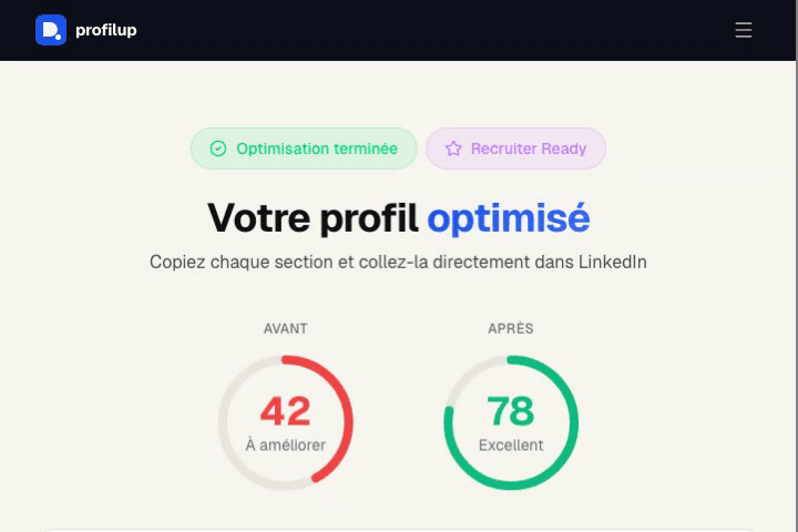 Comparaison du score de profil LinkedIn avant/après optimisation par IA : 42 sur 100 puis 78 sur 100
